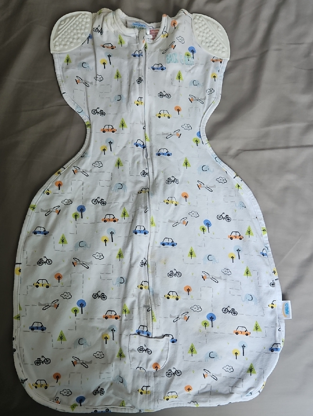 HALO White Swaddle / Sleep Sack with Multicolor Cars & Trees Print